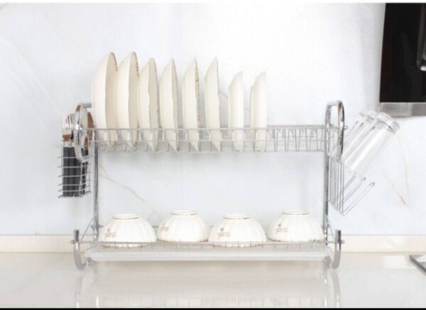 52CM   2 LAYER STAINLESS PLATE RACK WITH CUP AND CUTLERY HOLDER