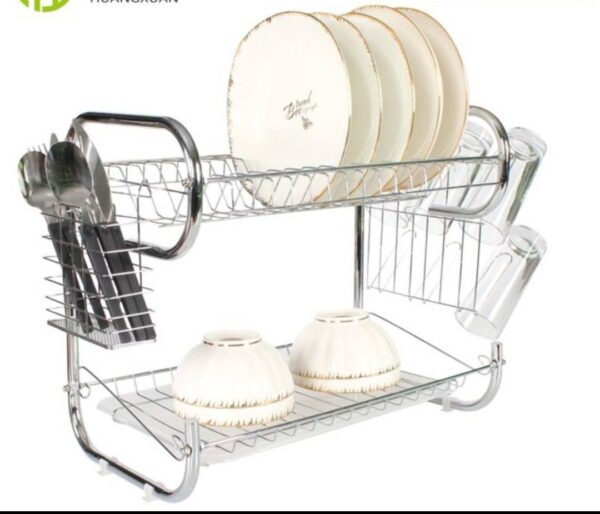 52CM   2 LAYER STAINLESS PLATE RACK WITH CUP AND CUTLERY HOLDER