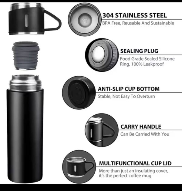 HIGH QUALITY 3IN1 STAINLESS STEEL VACUUM FLASK 500ML(COMES IN A BEAUTIFUL BLACK BOX)